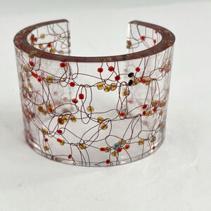 Vintage Lucite Cuff Bracelet Copper Wire Seed Bead Inclusion